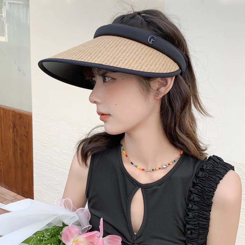 QY0280大帽檐空顶帽子女草编防紫外线户外遮阳沙滩出游骑行太阳帽
