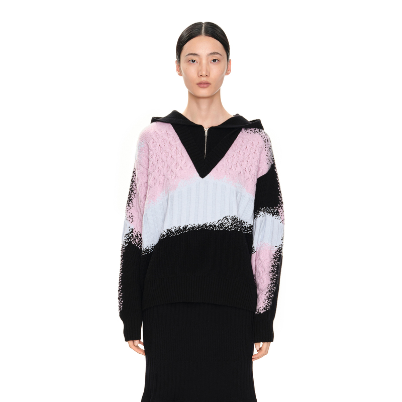 H·GENTEEL荷高新冬女多色拼接连帽金属拉链针织衫GCD44650613