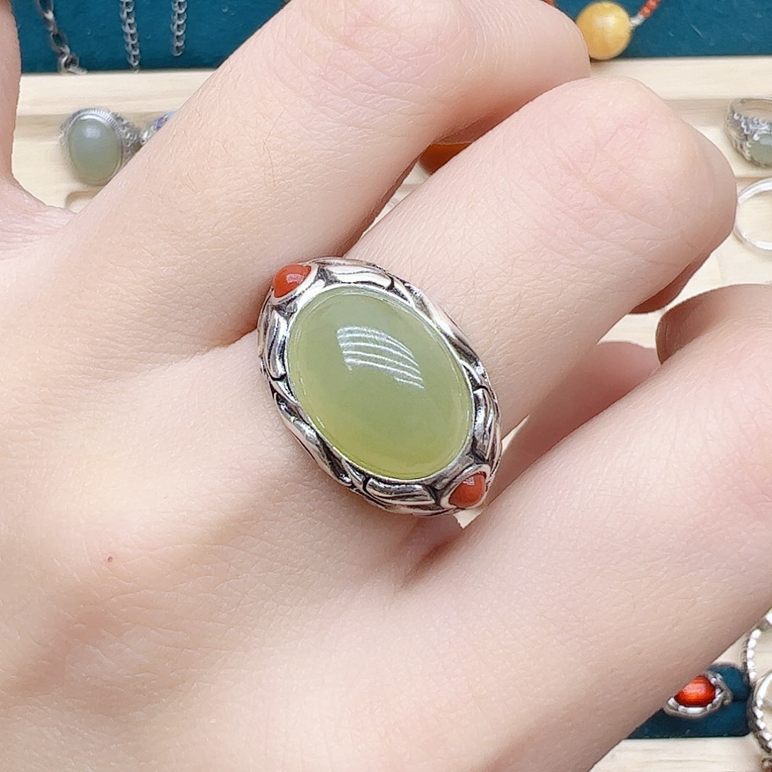 和田玉戒指银S925镶嵌