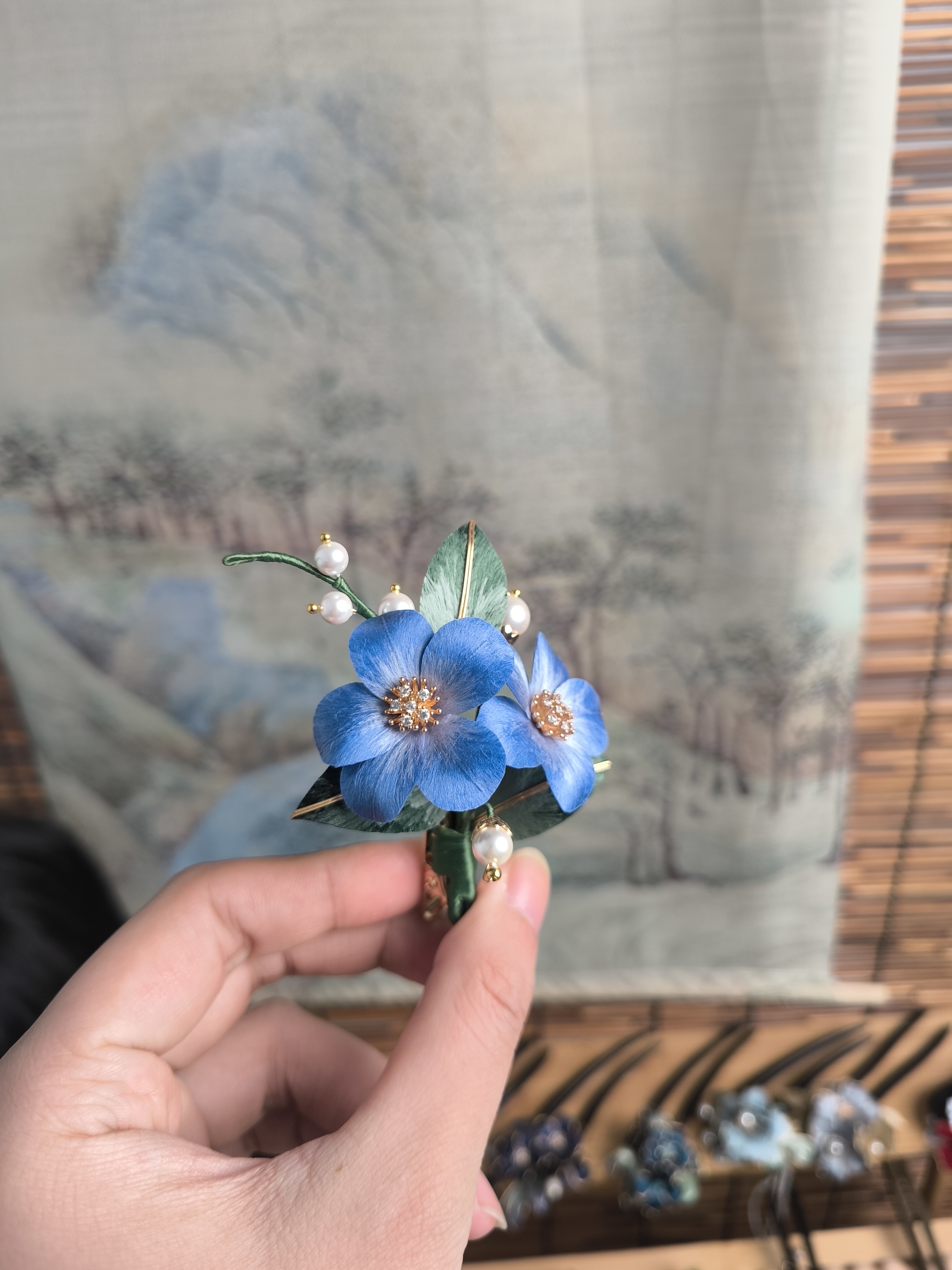 蓝色星辰绒花发饰手工