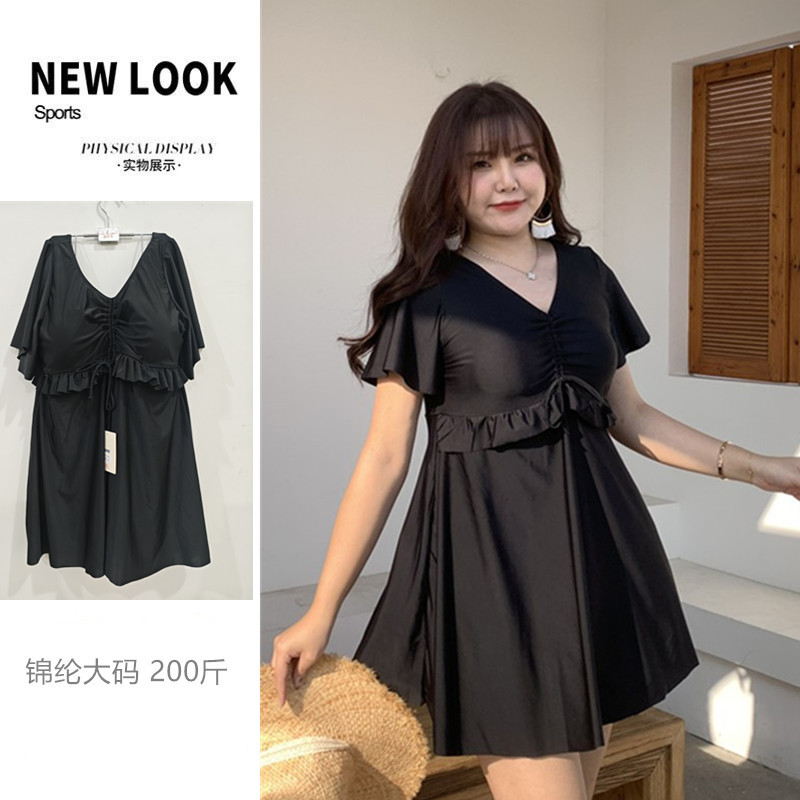 韩版加肥加胖大码胖妹纯色遮肉肉遮肚显瘦平角裙式温泉胖妞泳衣女