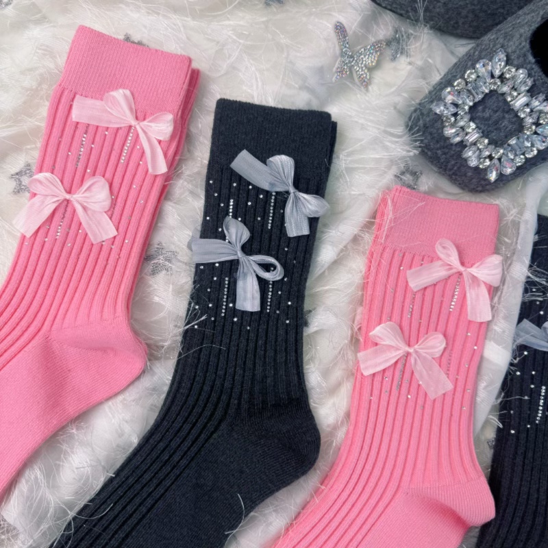 双蝴蝶结韩系少女粉色中筒袜重工烫钻爆闪甜美百搭新款仙女袜