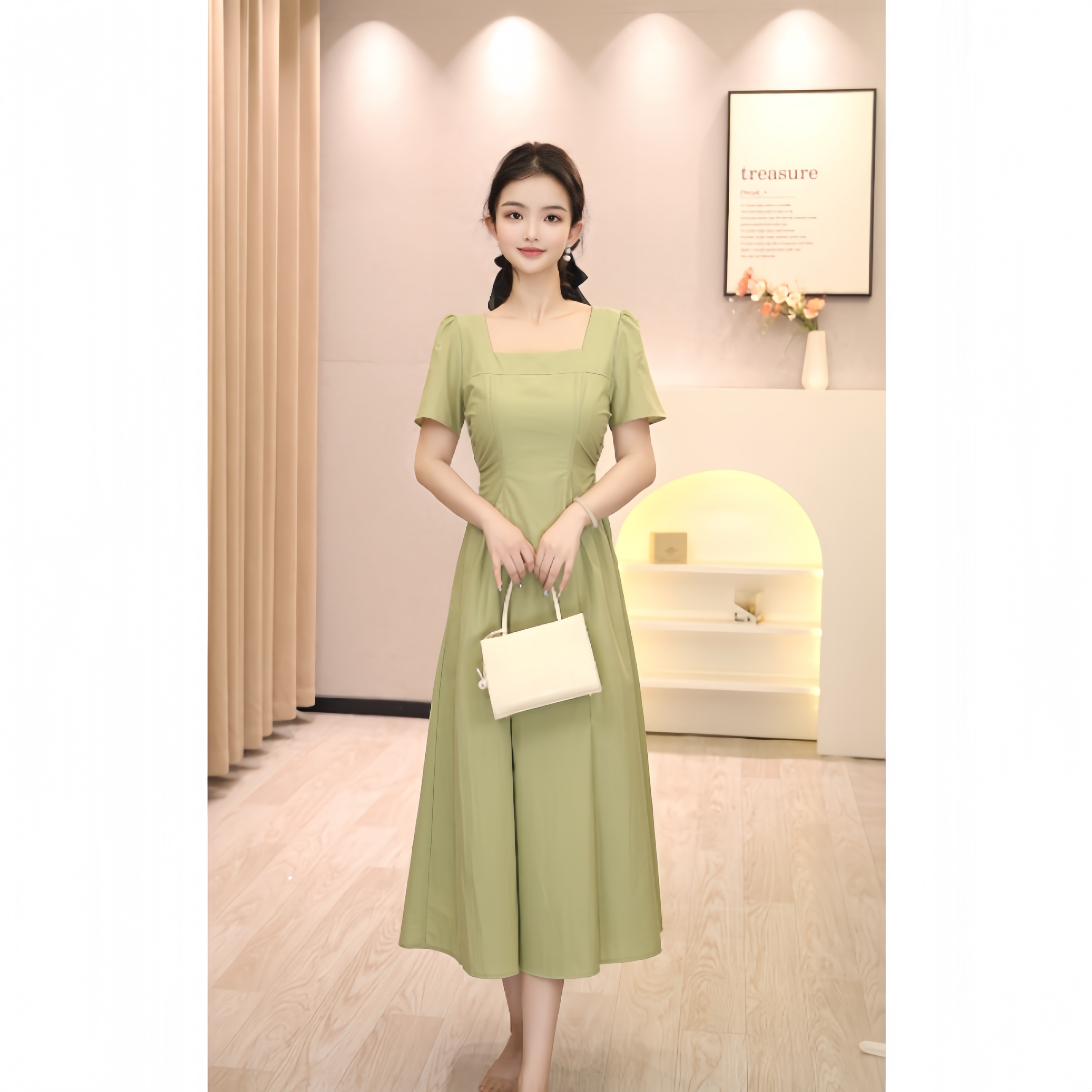 法式气质方领设计感收腰连衣裙女夏绿色复古优雅长裙