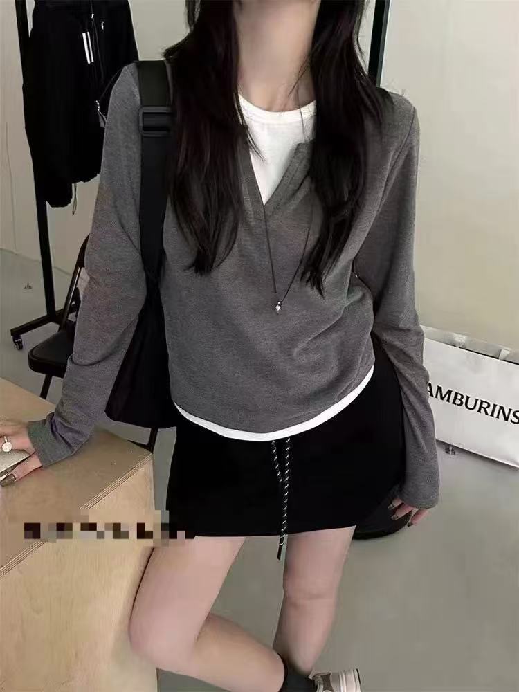 侯姐家 假两件拼接长袖T恤