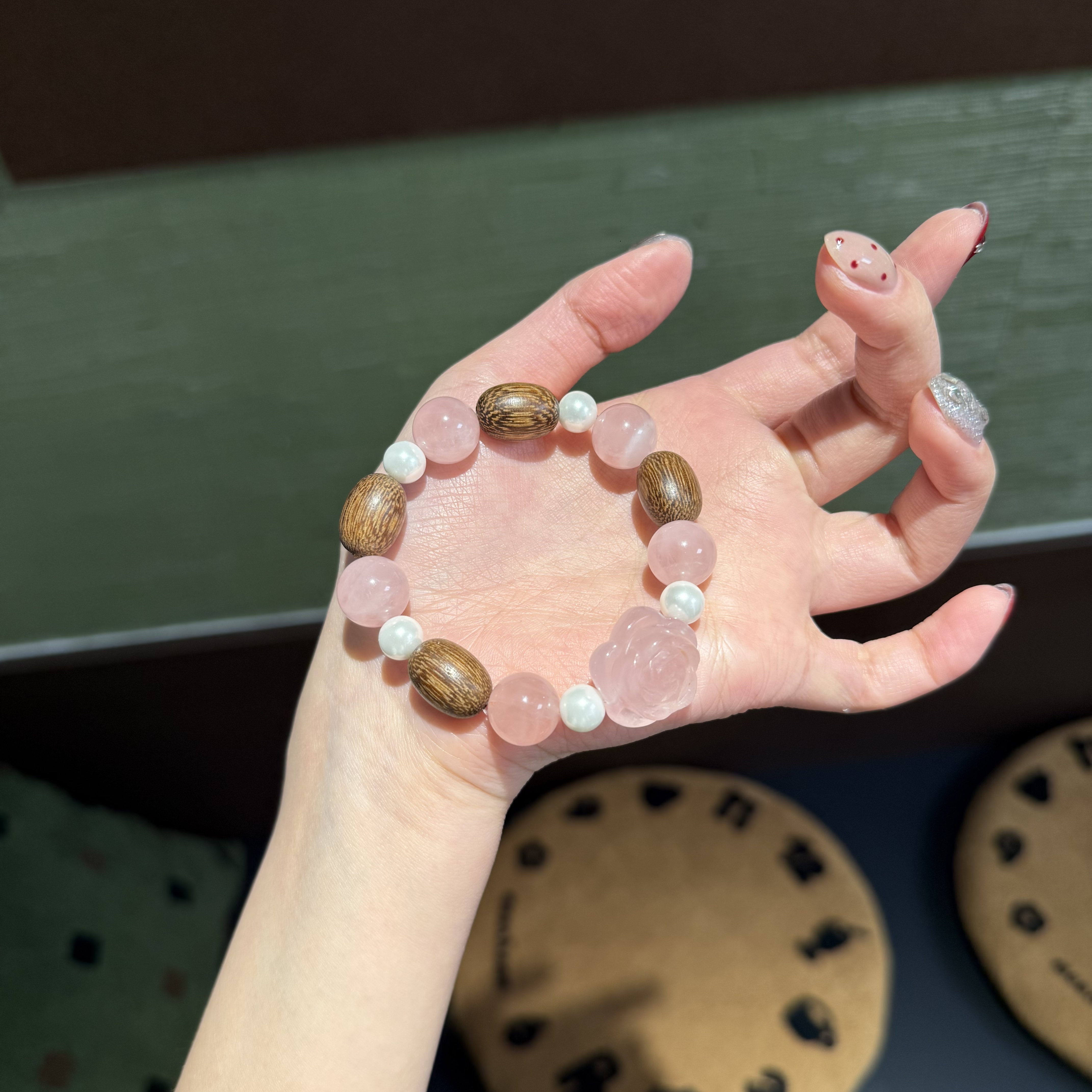 M*一盏玫花*天然粉水晶玫瑰西柚粉晶木质手串 多样性发其一