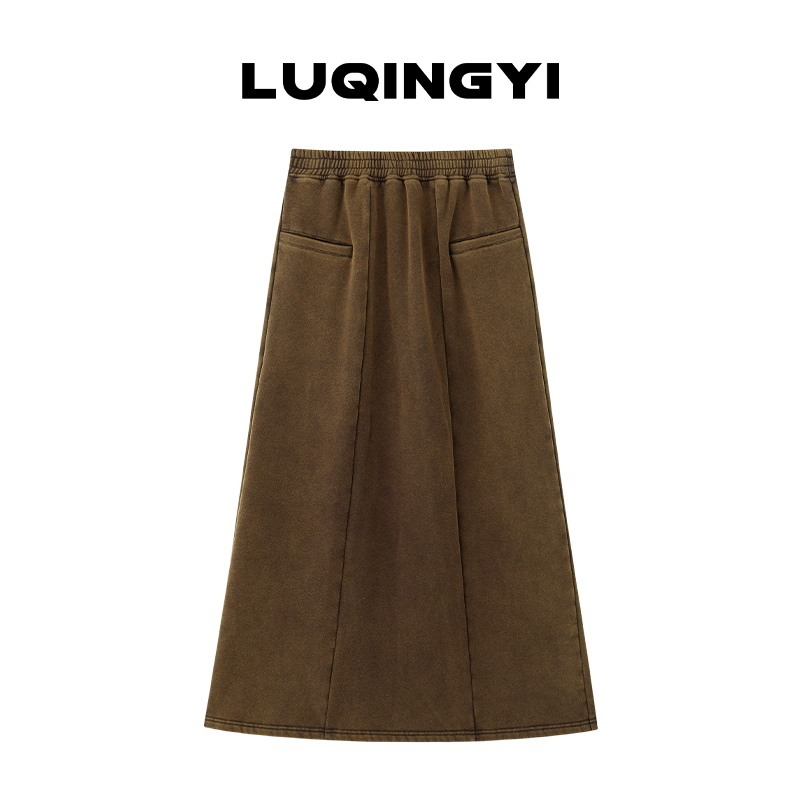 鹭青一原创 复古水洗抓绒针织高腰直筒半裙L24Q0529L