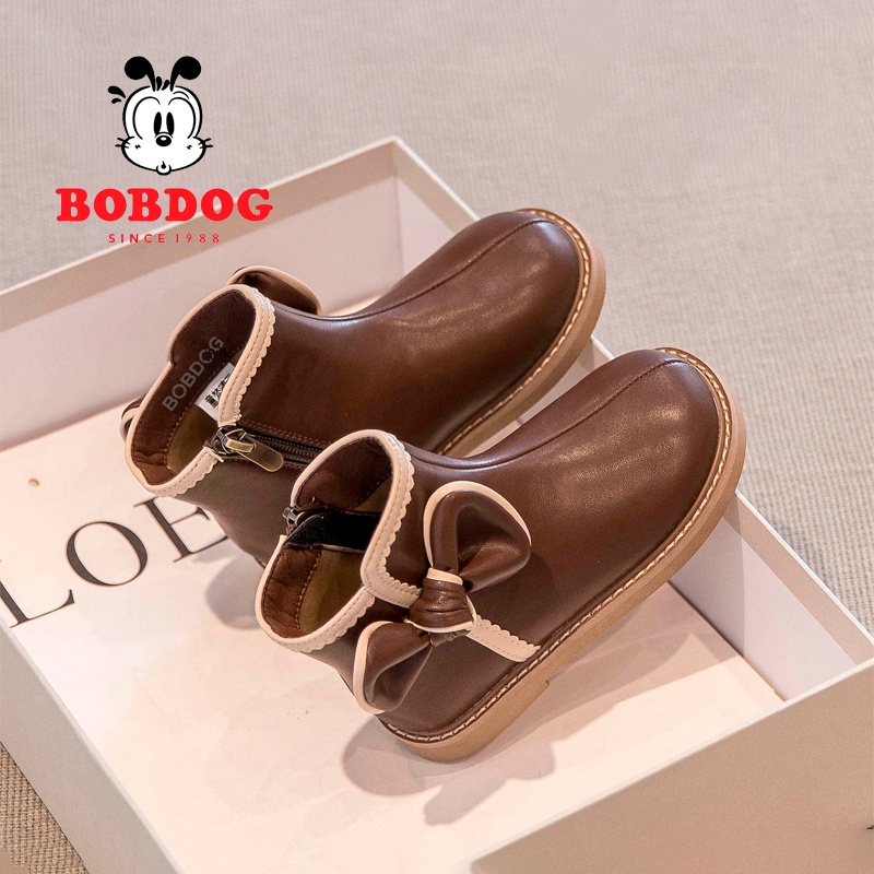 巴布豆女童靴子2025新款秋冬季儿童鞋公主短靴子马丁靴加绒小皮鞋