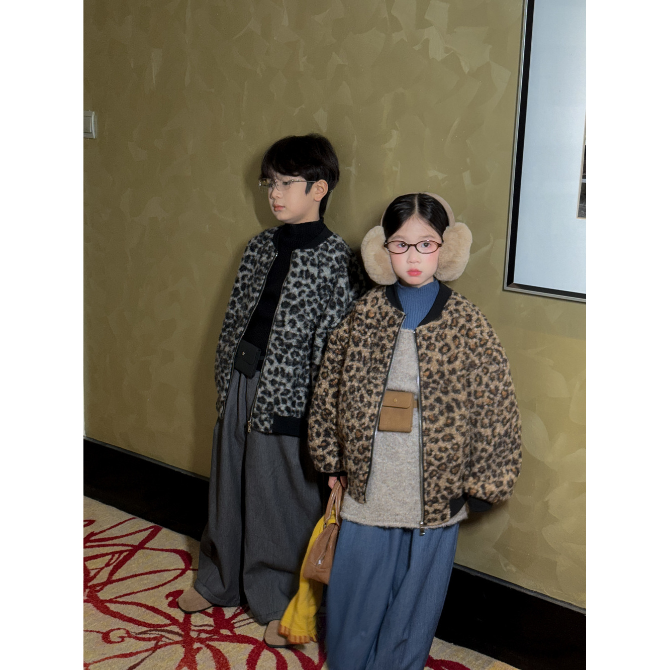 童外套2025秋冬韩版男女童豹纹加厚休闲圆领拉链百搭外套上衣