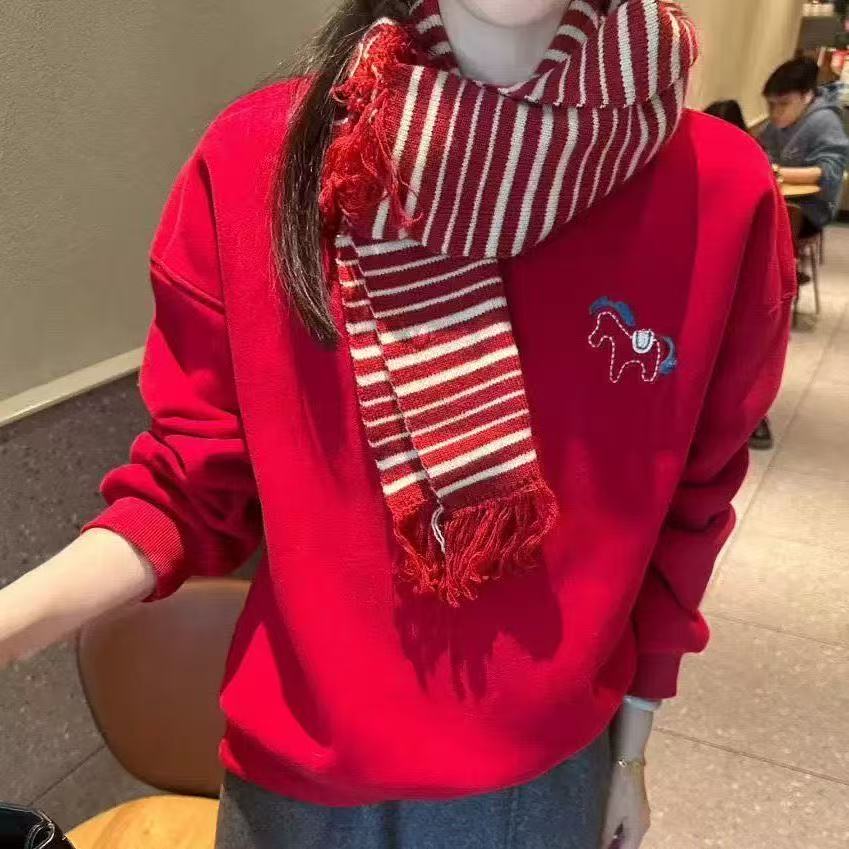 《新年推荐》新年款冬季时尚百搭加绒男女同款圆领卫衣-刺绣小马