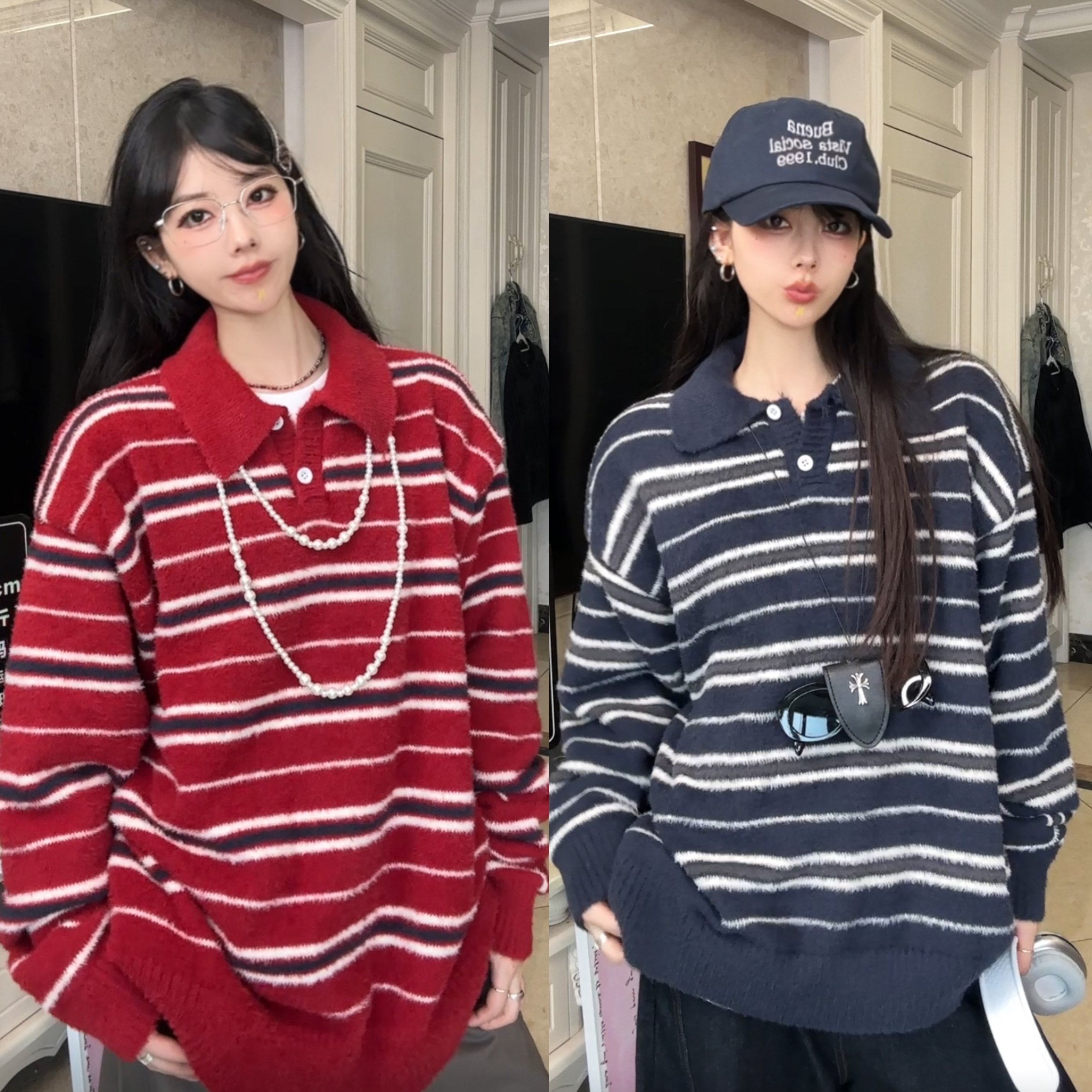 美式覆古老钱风条纹polo领毛衣男秋冬季高级感内搭打底针织衫上衣