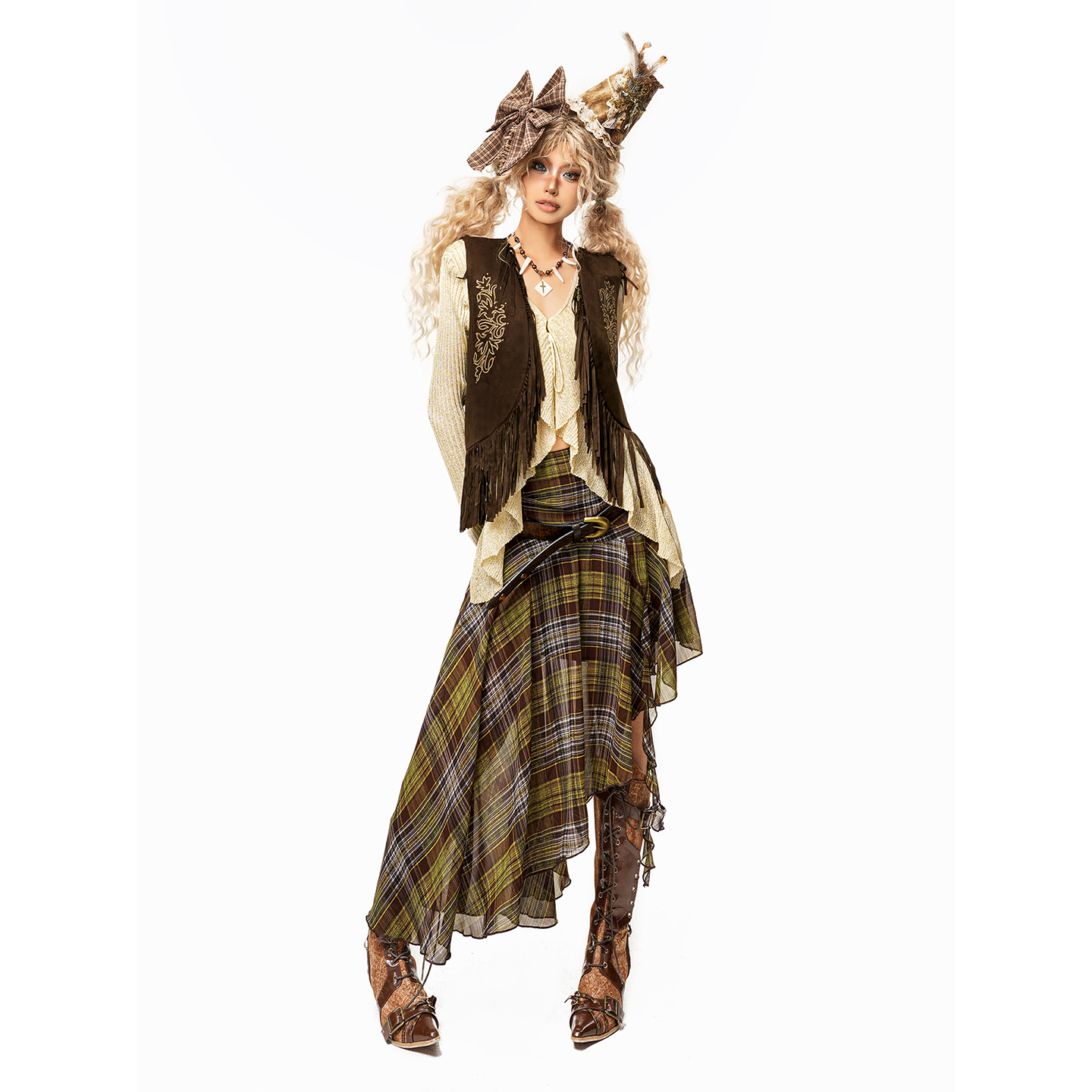 Arielink美式复古格纹不规则下摆半身裙小众设计感中长裙B25B093