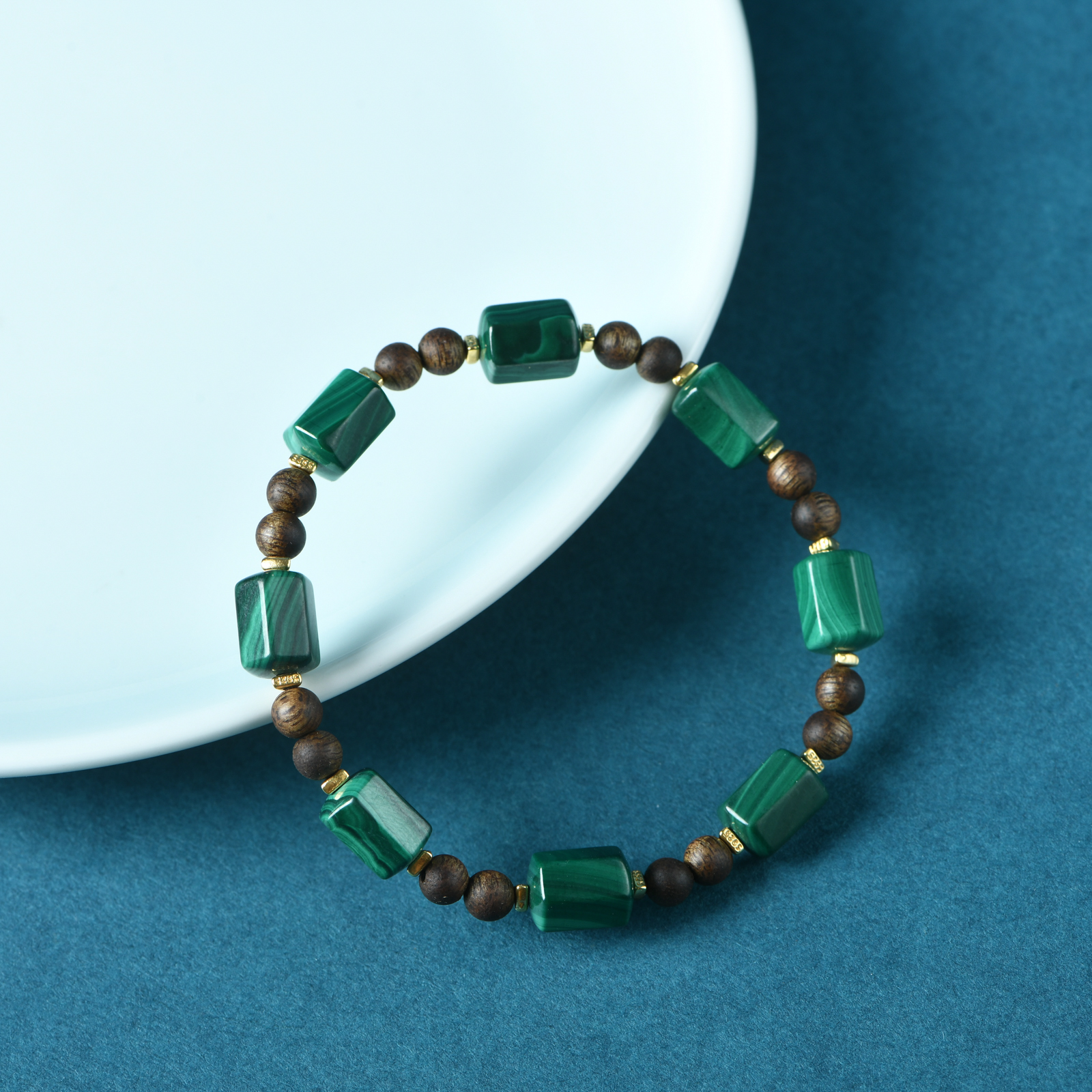 孔雀石六棱珠黑奇混搭款手链