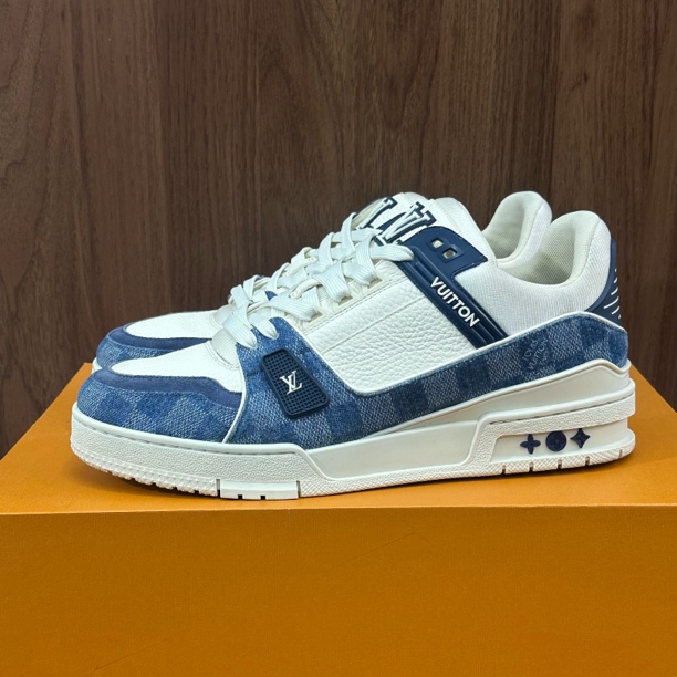 99新 LouisVuitton/路易威登 42.5码 trainer 白蓝棋盘格 板鞋