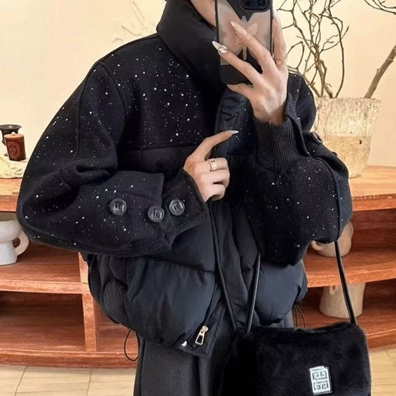 设计感韩系亮晶晶拼接棉服外套女2025冬季新款加棉加厚保暖上衣