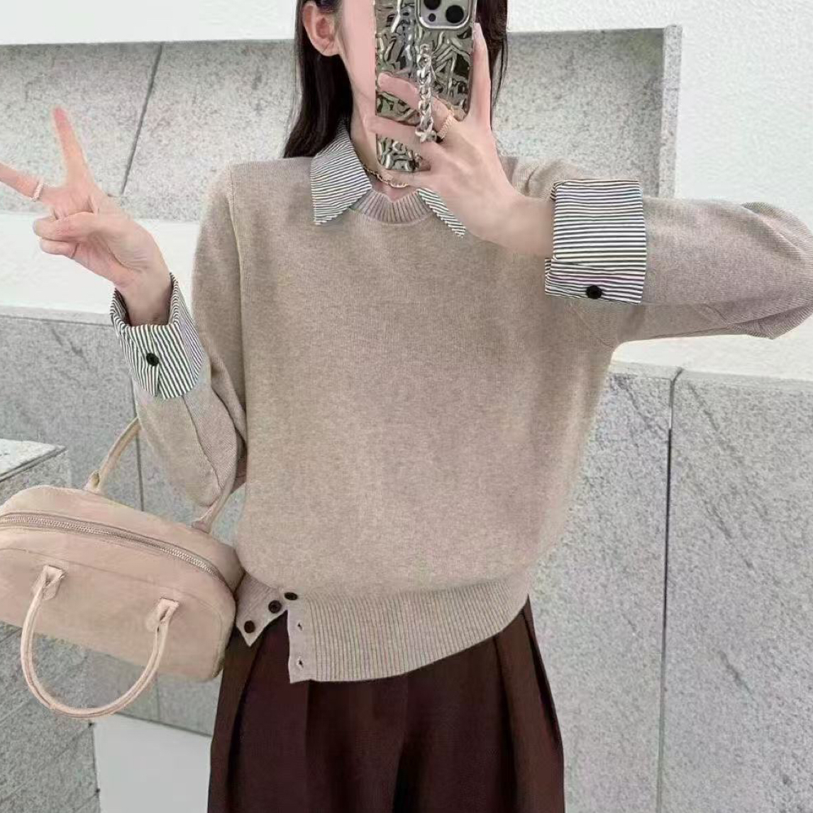 秋款休闲拼接假两件上衣3530