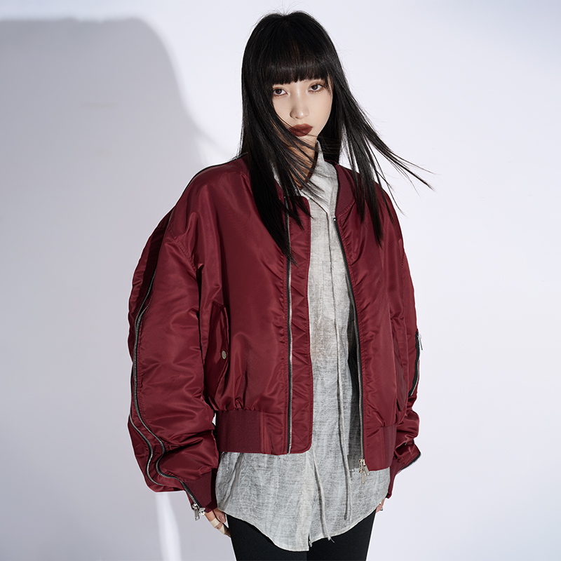 LOUZING飞行员夹克羽绒服外套女小个子美式拉链棒球服24D1910005