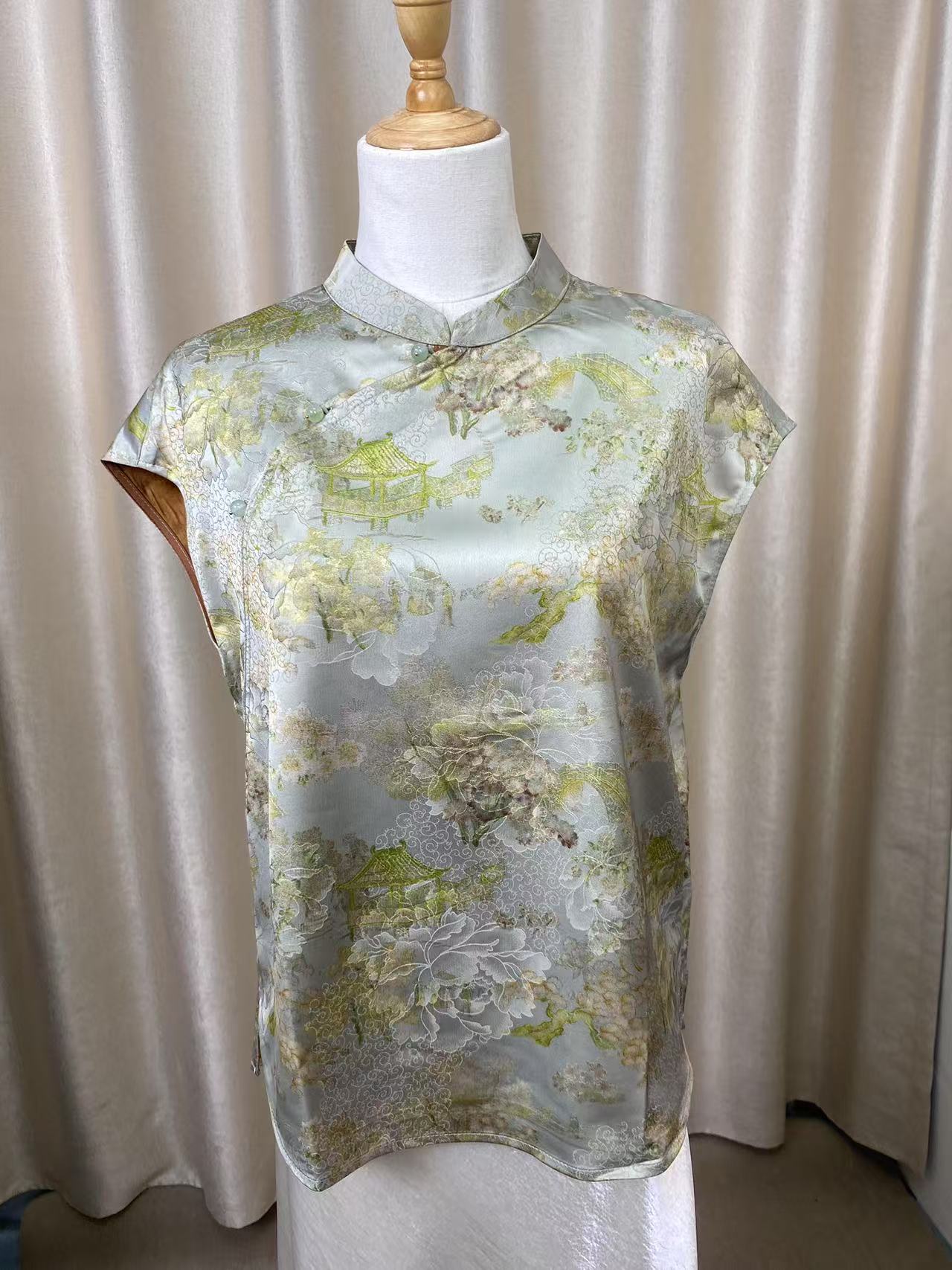 【亭台楼阁】轻奢风夏季清爽百搭上衣文艺新款气质斜门襟小衫082