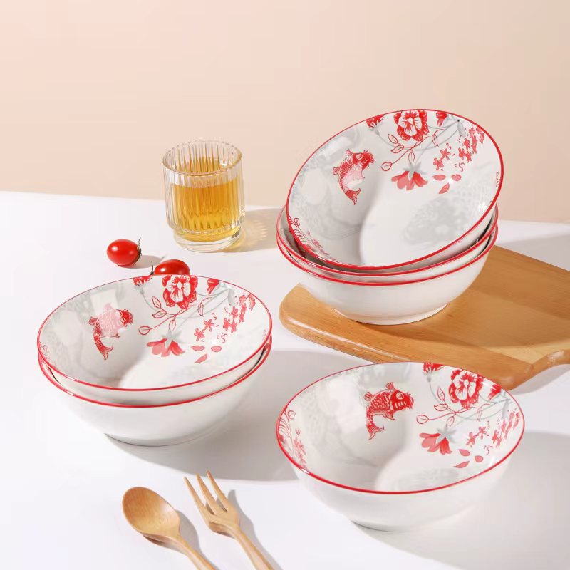 新年款6个装年年有余7英寸面碗餐具釉下彩菜碗扣肉碗喜庆乔迁搬家