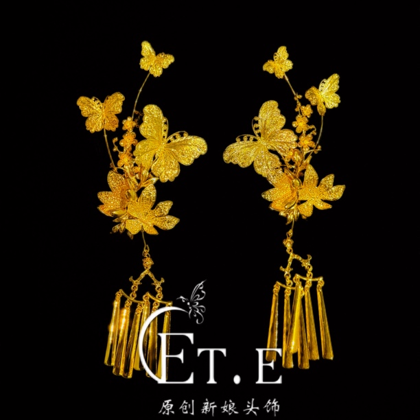 ETE ST2-12883百搭金色中式新娘头饰龙凤褂配饰侧边夹