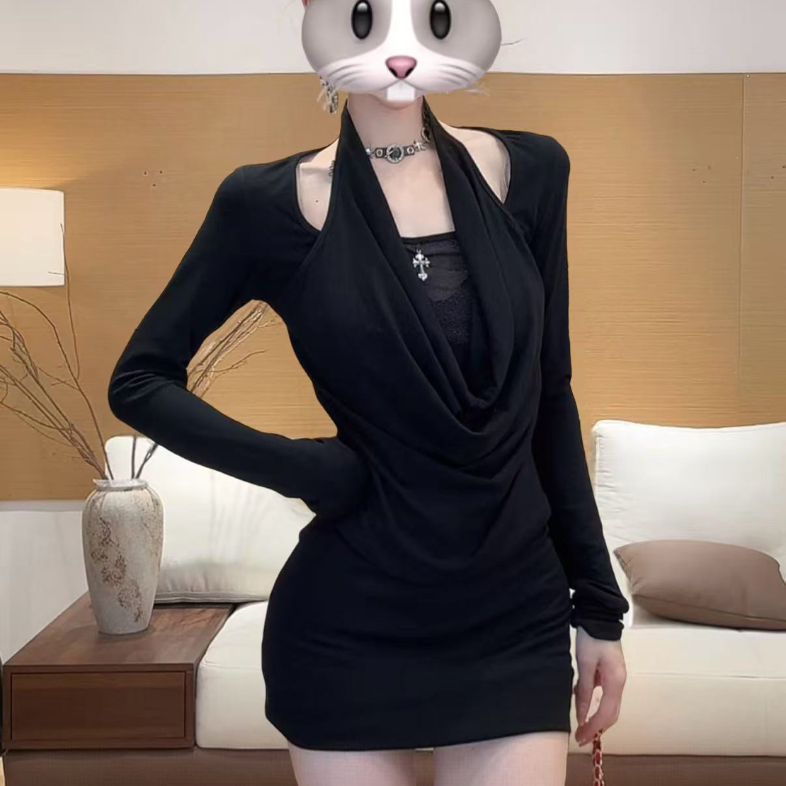 【暗夜迷迭】辣妹假两件挂脖时髦修身显瘦包臀连衣裙