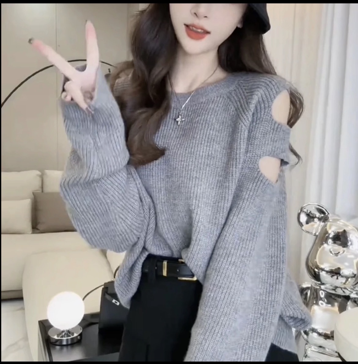 68415#长袖毛针织衫女士秋冬花边针织衫时尚毛衣上衣针织衫