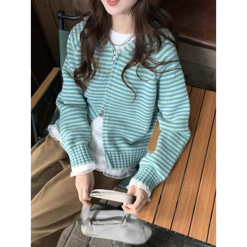 韩系慵懒风毛衣2025秋冬季新款宽松加厚连帽条纹拉链针织开衫外套