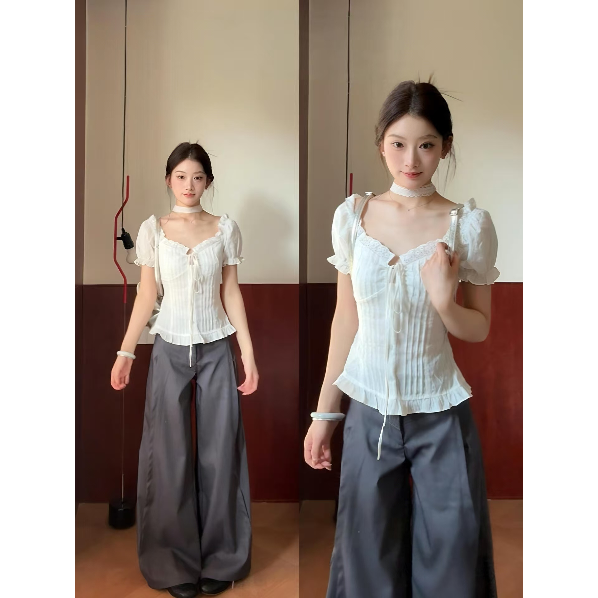 法式甜美风荷叶边系带短袖女夏季修身显瘦设计感独特漂亮小衫上衣