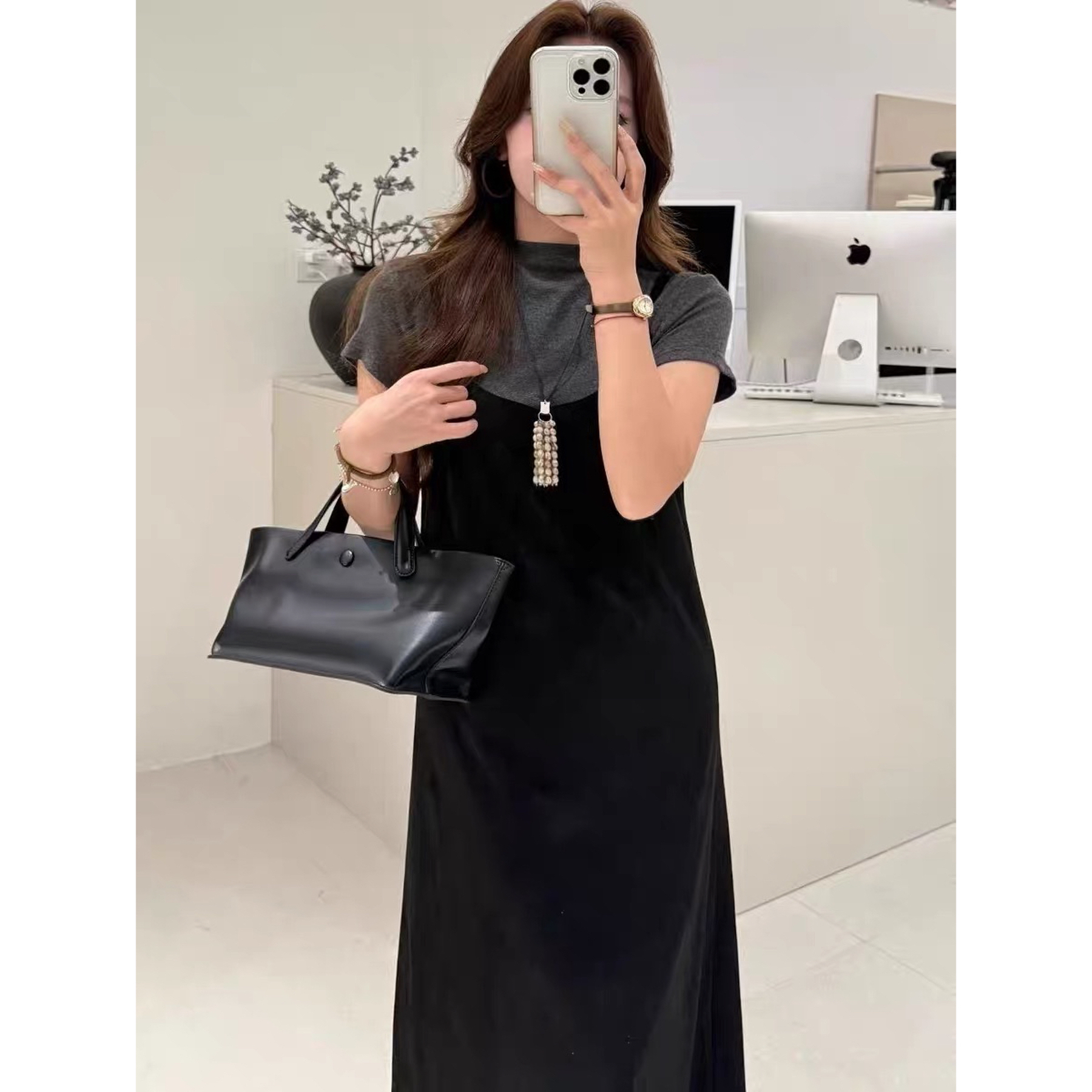 秋季爆款法式洋气时尚丝绒连衣裙半高领打底上衣两件套女#5047