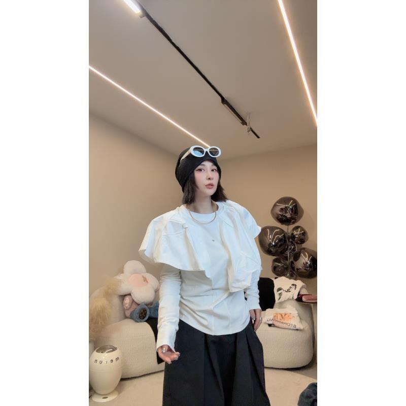 2025早秋新款1663时尚百搭舒适透气不规则披肩式纯欲风长袖T恤