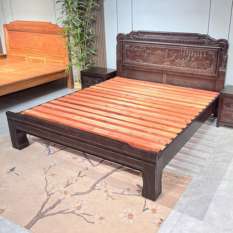 【兰亭序孔雀】紫檀色新中式花鸟木床新古典简约榫卯结构实木落地床