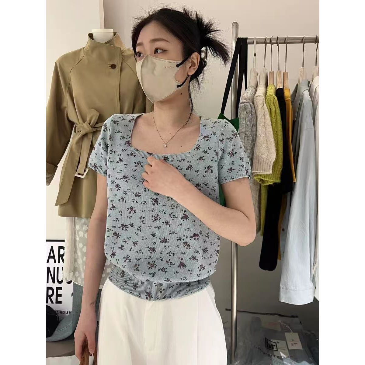 【沐子女装】E1-灰碎花针织短袖