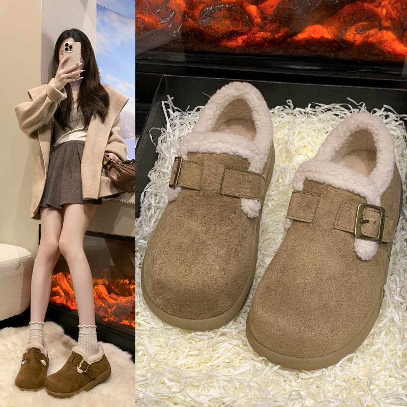 2025潮流风棉鞋秋冬加绒一脚蹬女鞋勃肯鞋女保暖豆豆鞋