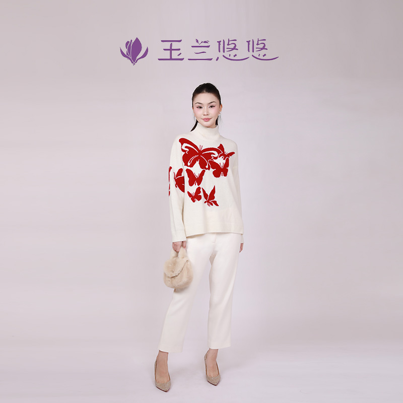 玉兰悠悠白色高级时装"蝶影"羊绒高领毛衣长袖针织打底衫上衣女