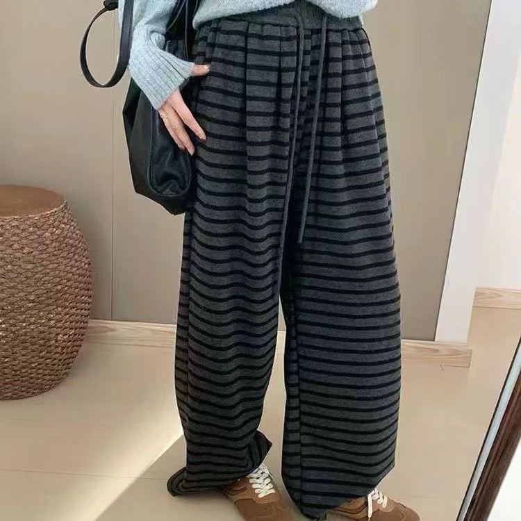 米莱家新款冬季撞色条纹高腰加绒加厚抽绳显瘦阔腿弯刀休闲裤