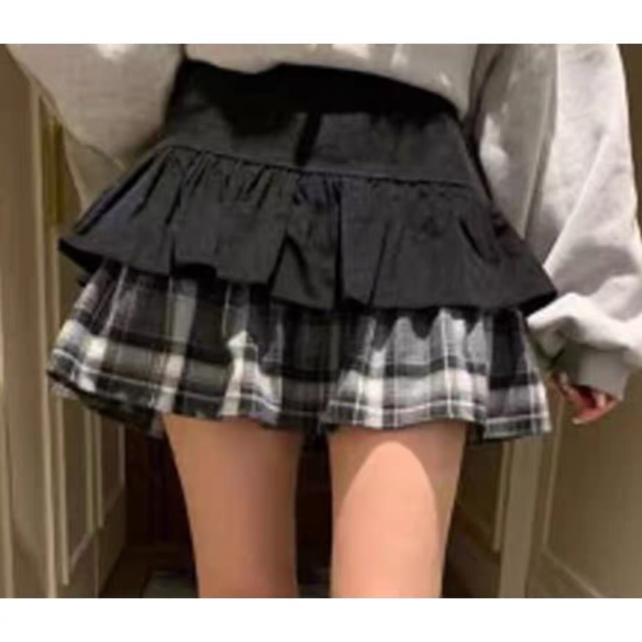 黑色格子半身裙女冬季新款设计感拼接百褶裙小个子小众短裙潮8823