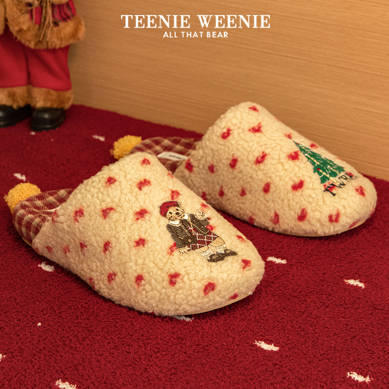 TeenieWeenie小熊刺绣保暖棉拖可爱软萌圣诞礼物休闲居家室内拖鞋