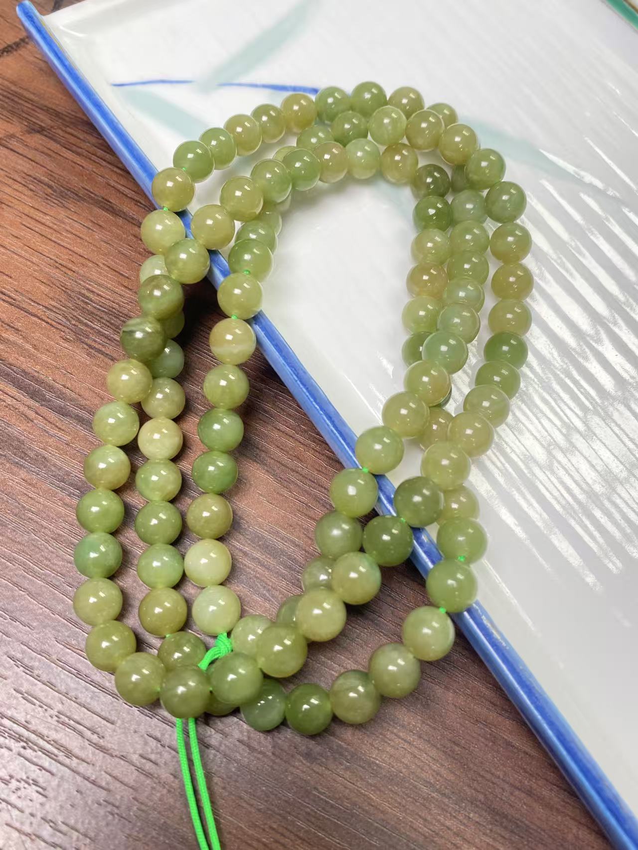 天然和田玉碧玉且末黑阳洞8mm左右精品108颗项链吊坠链多圈