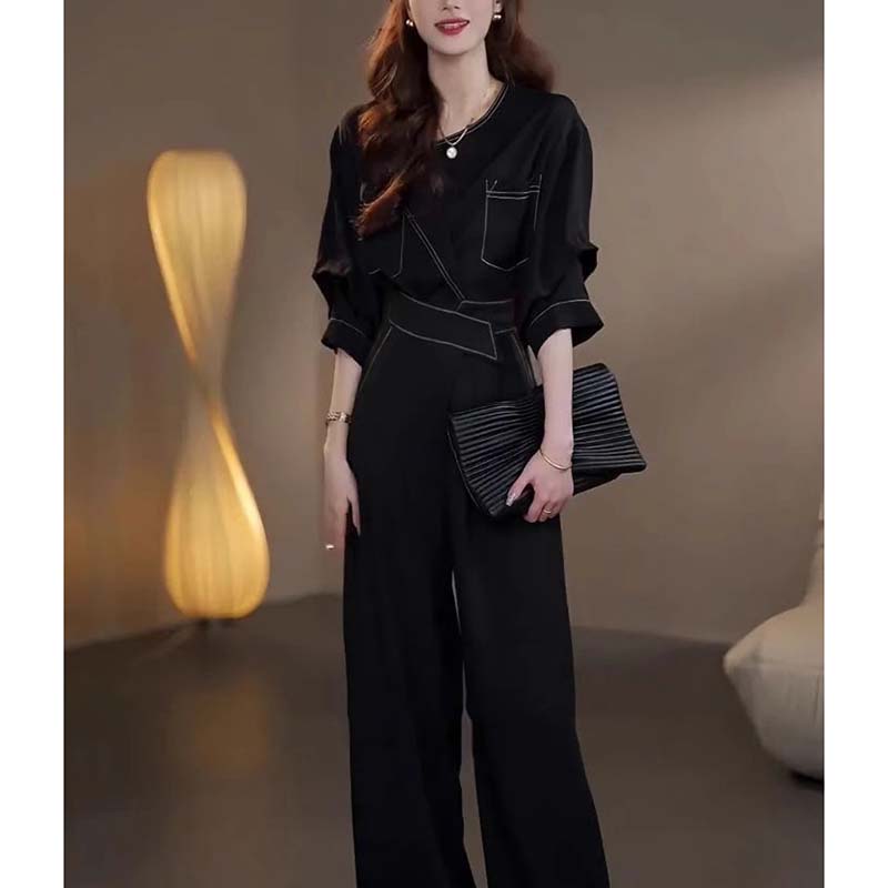 【两件套】气质干练时尚套装女2025年夏季新款轻熟上衣阔腿裤D2242