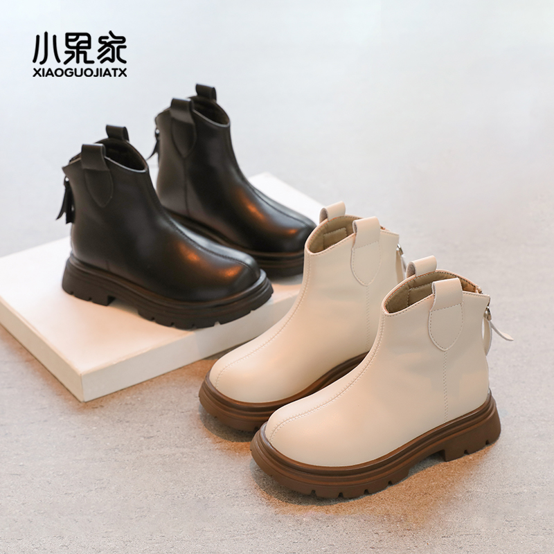 儿童靴子二棉鞋女童短靴加绒冬季马丁靴小女孩皮靴秋冬女黑色宝宝