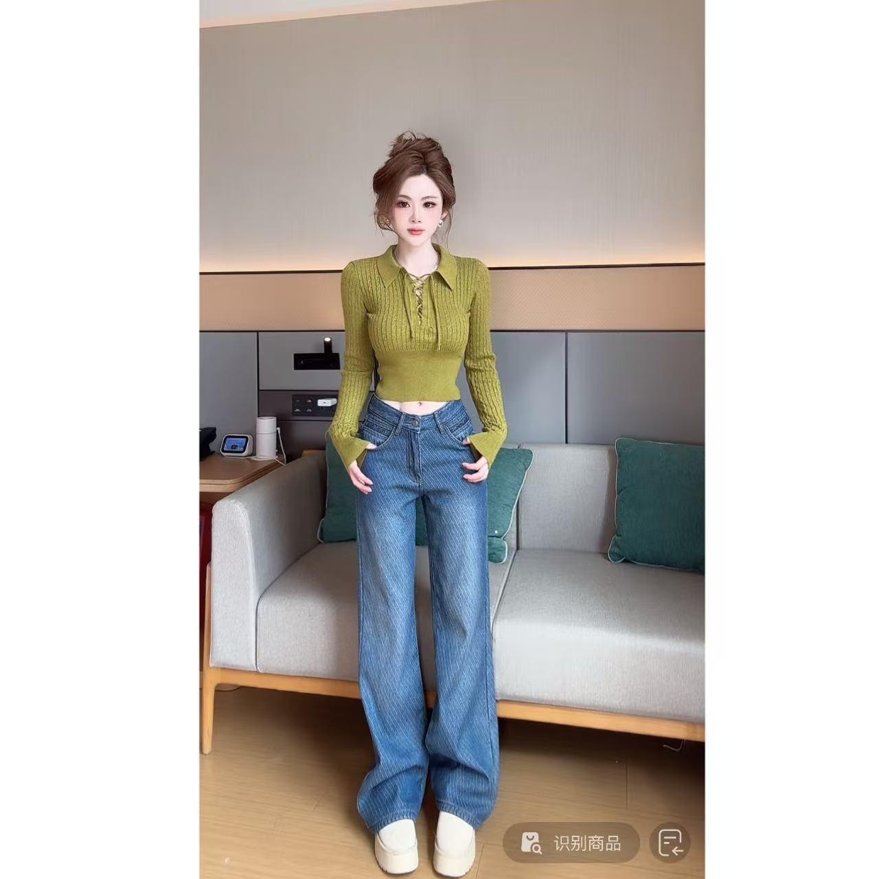 曼曼【丹宁腿精】无绒/加绒纹理感窄版直筒牛仔裤女汉服女1658#