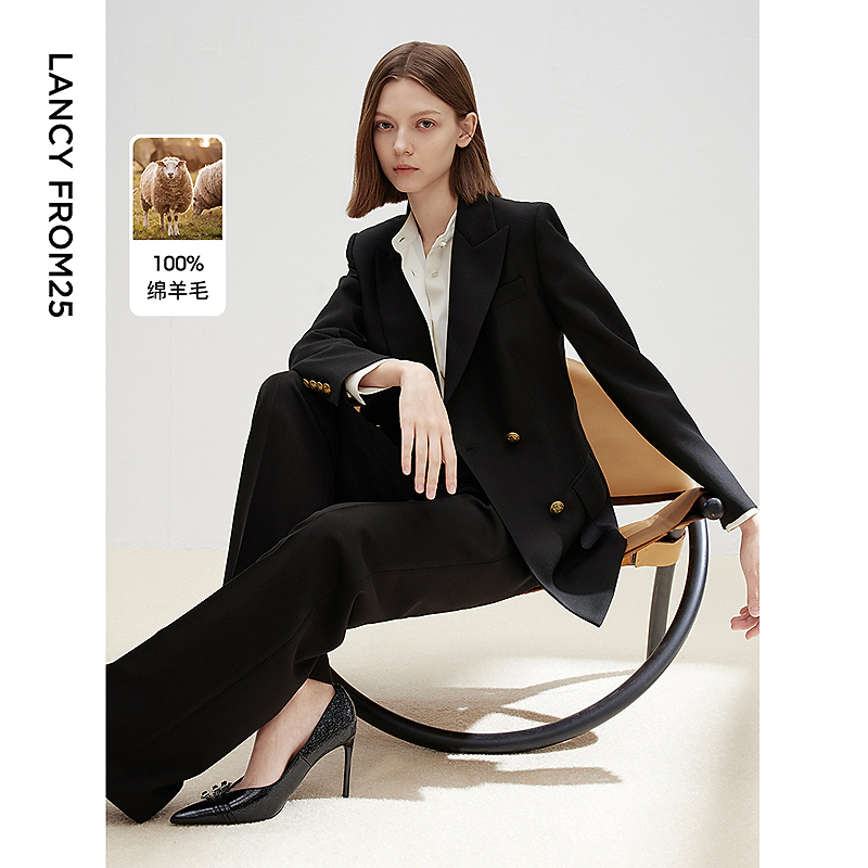 朗姿纯羊毛高级感修身黑色职业正装气质西服外套2025春新款西装女
