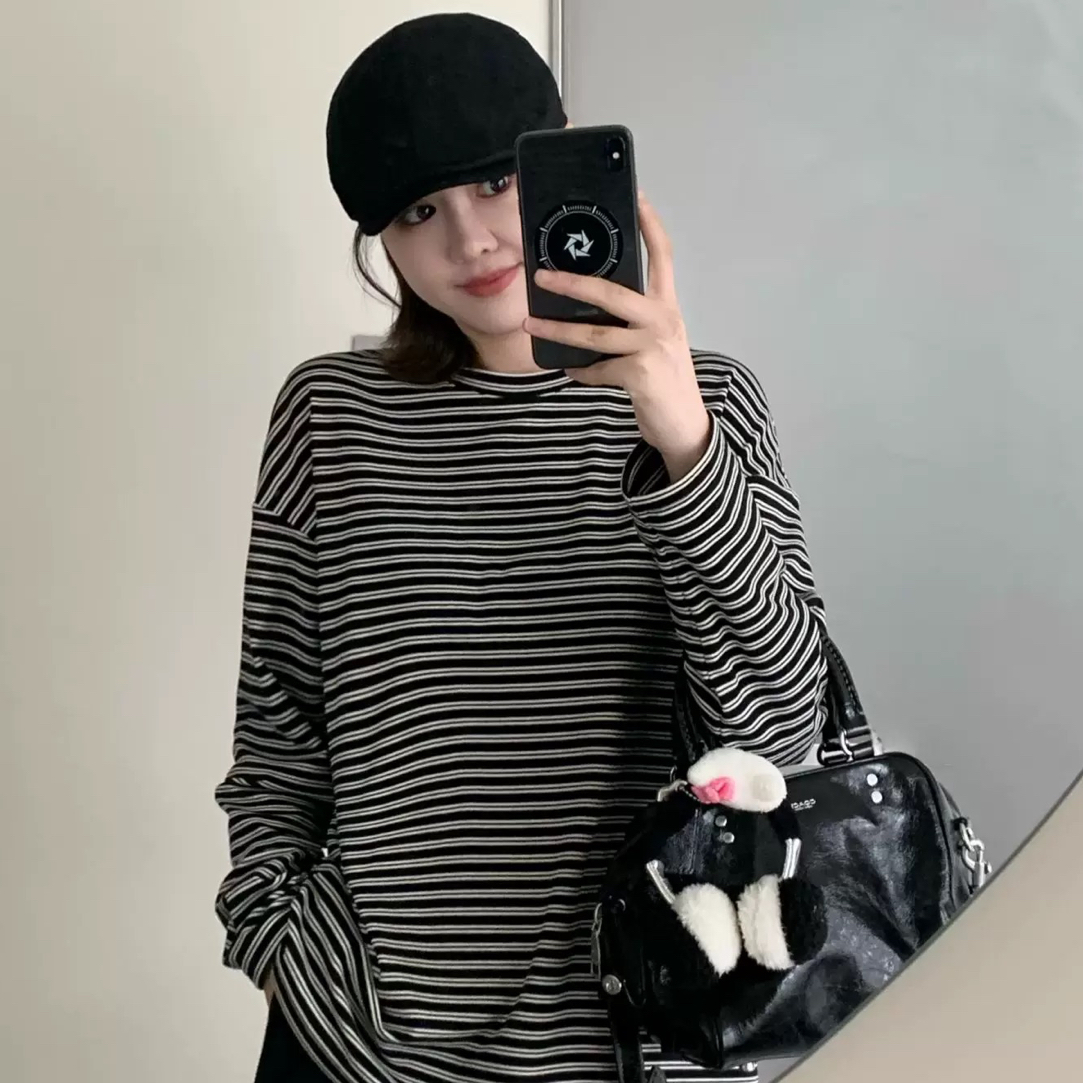 SW 秋冬新款牛奶糯绒大版条纹长袖T恤女宽松休闲百搭打底衫