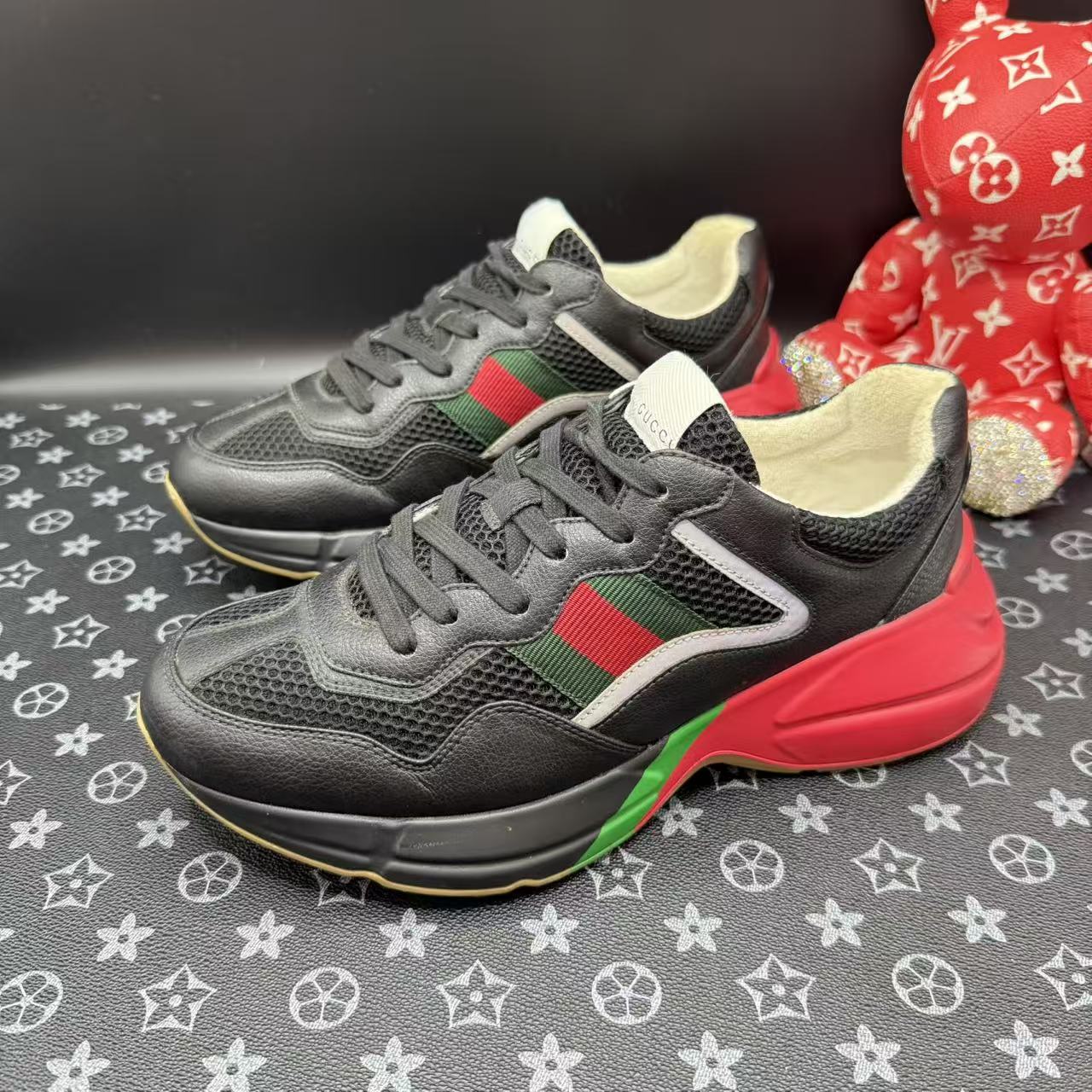95新 GUCCI/古驰 男士黑红网面厚底老爹鞋40欧码 lz544