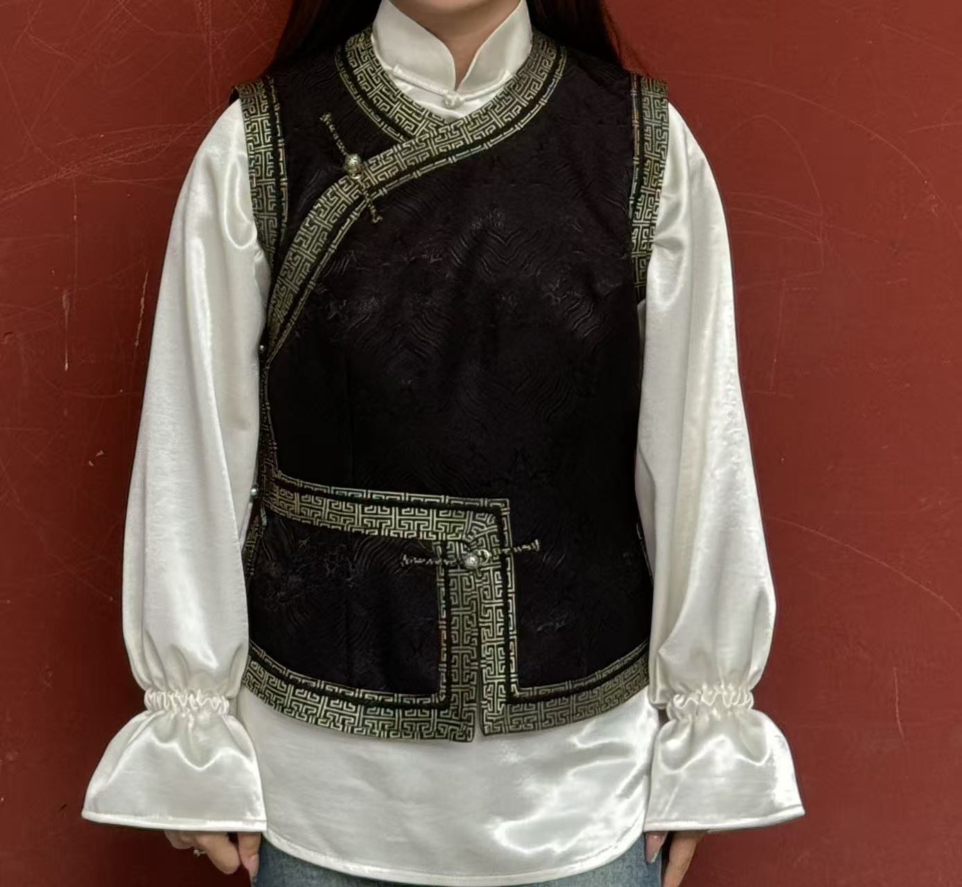 （弋梅民族服饰）马夹女款斜襟斜肩款网红民族风宽松型传统薄款马甲