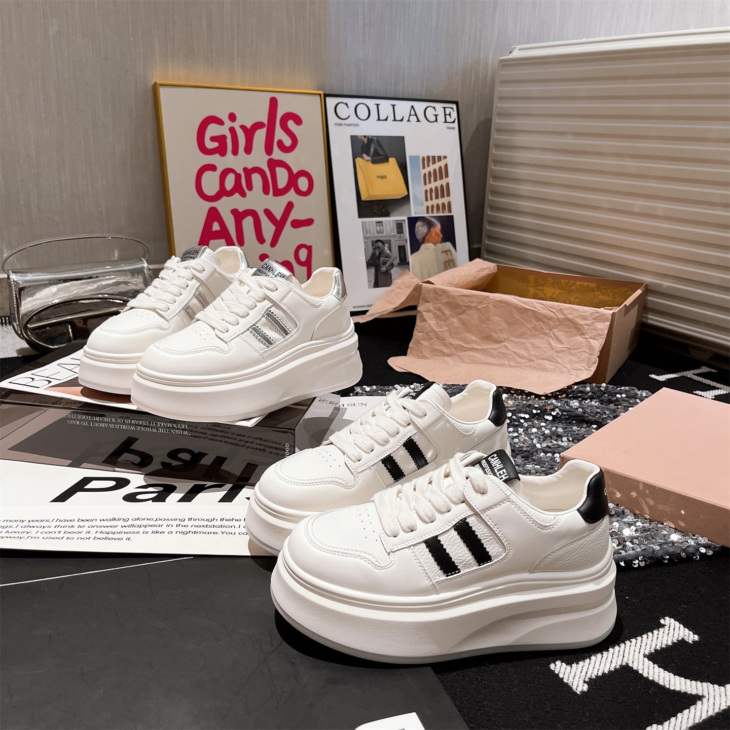 【郑】2025新款春秋小白鞋女百搭厚底显腿长休闲chic板鞋时尚运动鞋