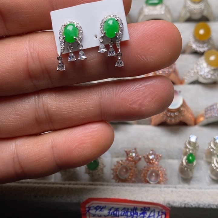 翡翠耳饰银S925镶嵌耳钉