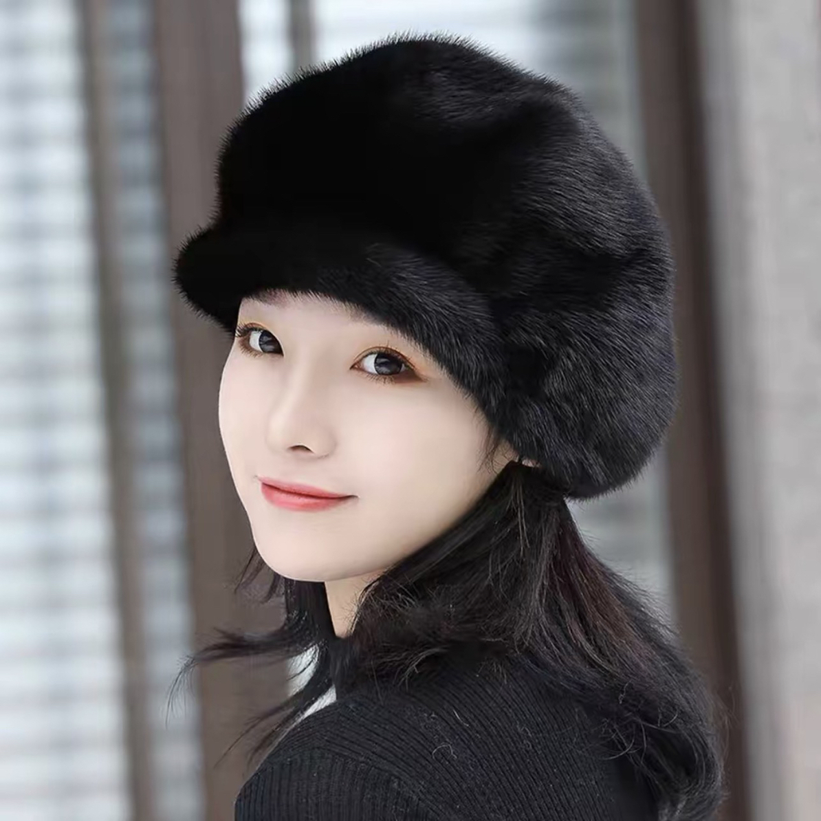 水貂帽子女士冬季进口真整貂显脸小八角帽时尚洋气保暖护耳贝雷帽