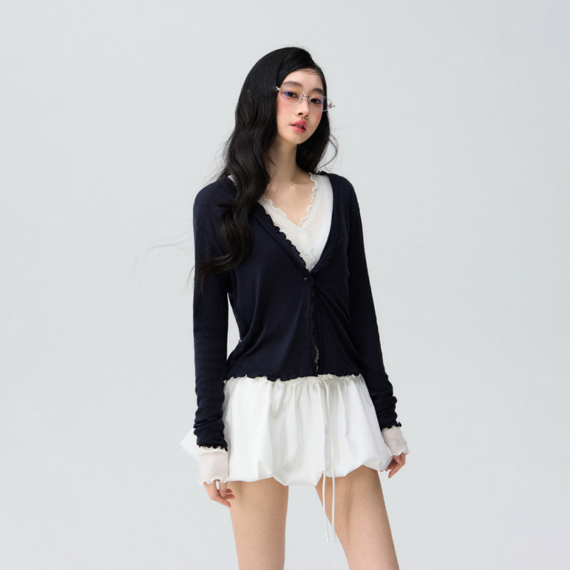 OIOI ESSE 春夏天丝绵羊毛软糯木耳边慵懒开衫女可叠穿显瘦外套