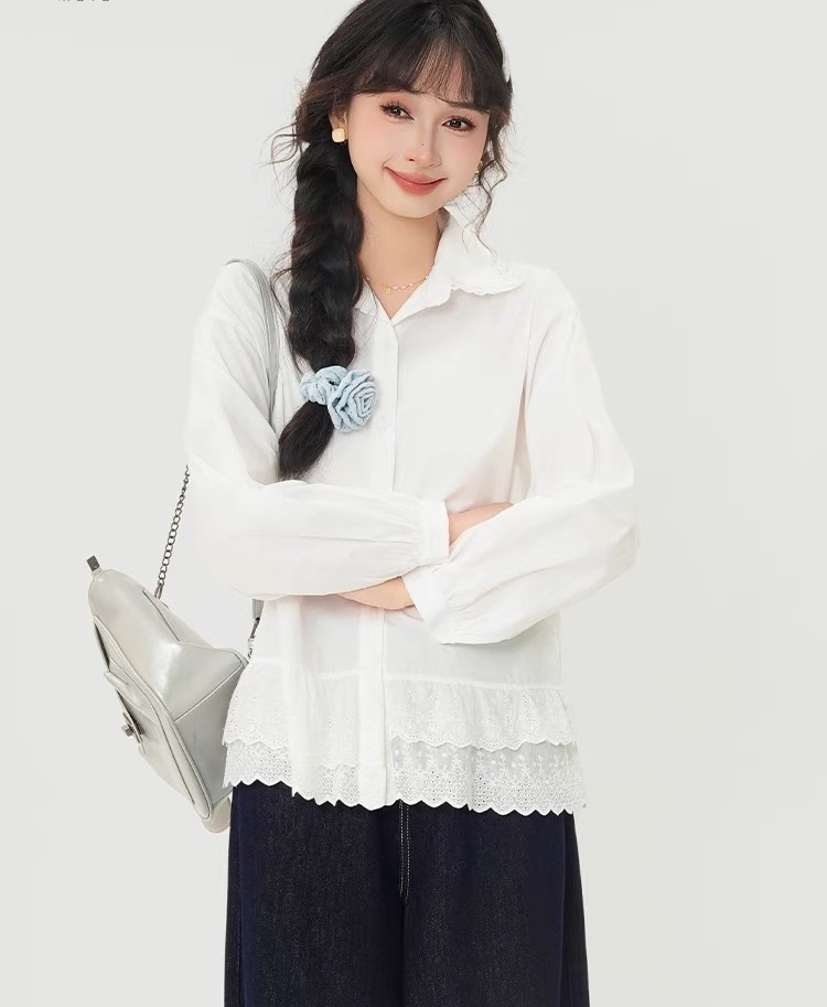 法式花边拼接白色衬衫女2025新款春季高级感气质宽松长袖上衣