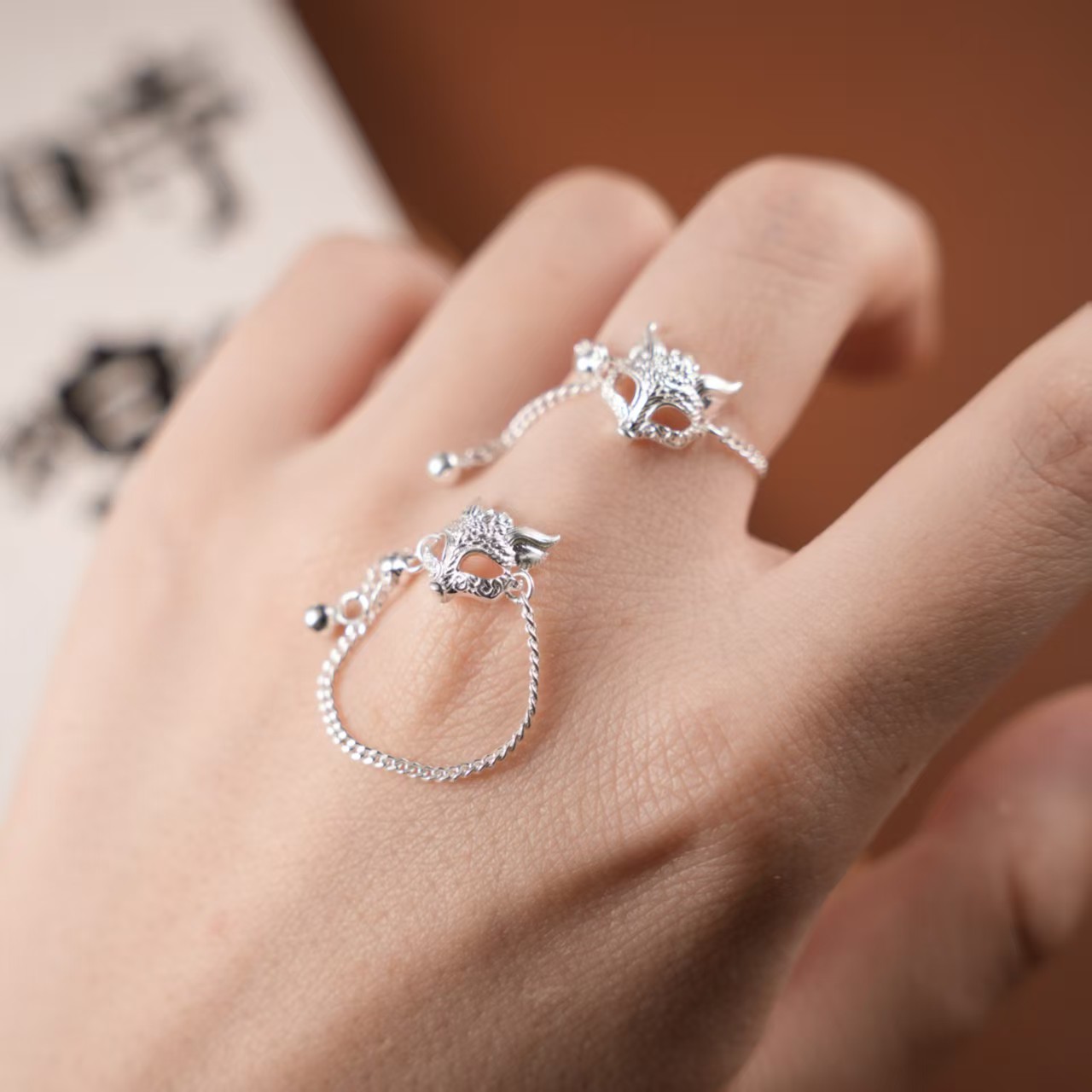 足银戒指 足银990玉面狐狸戒指女生款链条小众精致抽拉可调节纯银